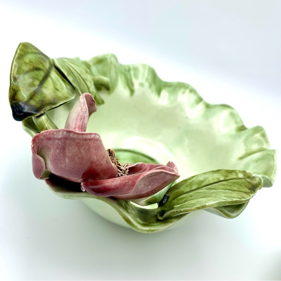 Vintage Majolica Pottery Bowl 8” Green Leaves Pink Capodimonte Raised Flower - Picture 11 of 16